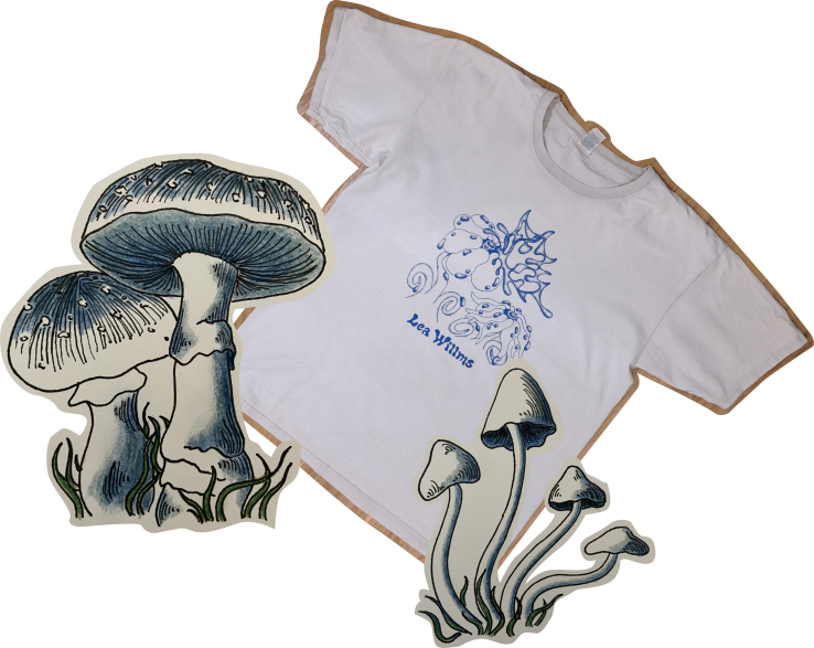 Lea's merch t-shirt. The T is white with an abstract blue line drawing of  a butterfly landing on some flowers. Beneath the image is the text 'Lea Willms' in the same blue, in a groovy 70's style font.